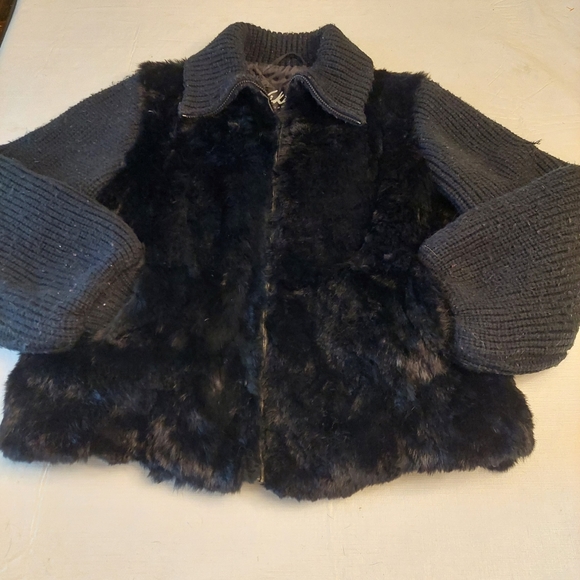 Nika Black Faux Fur Knit Puff Sleeves Bomber Jacket Y2K Baddie Moto Size L - Picture 11 of 14